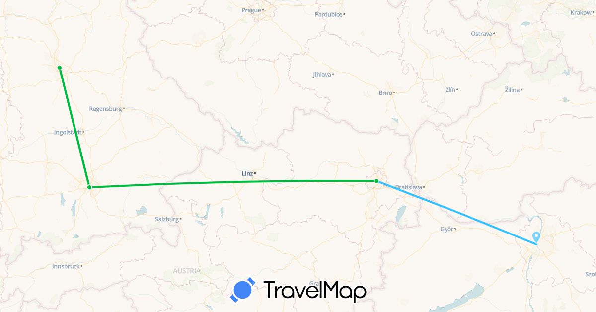 TravelMap itinerary: driving, bus, boat in Austria, Germany, Hungary (Europe)